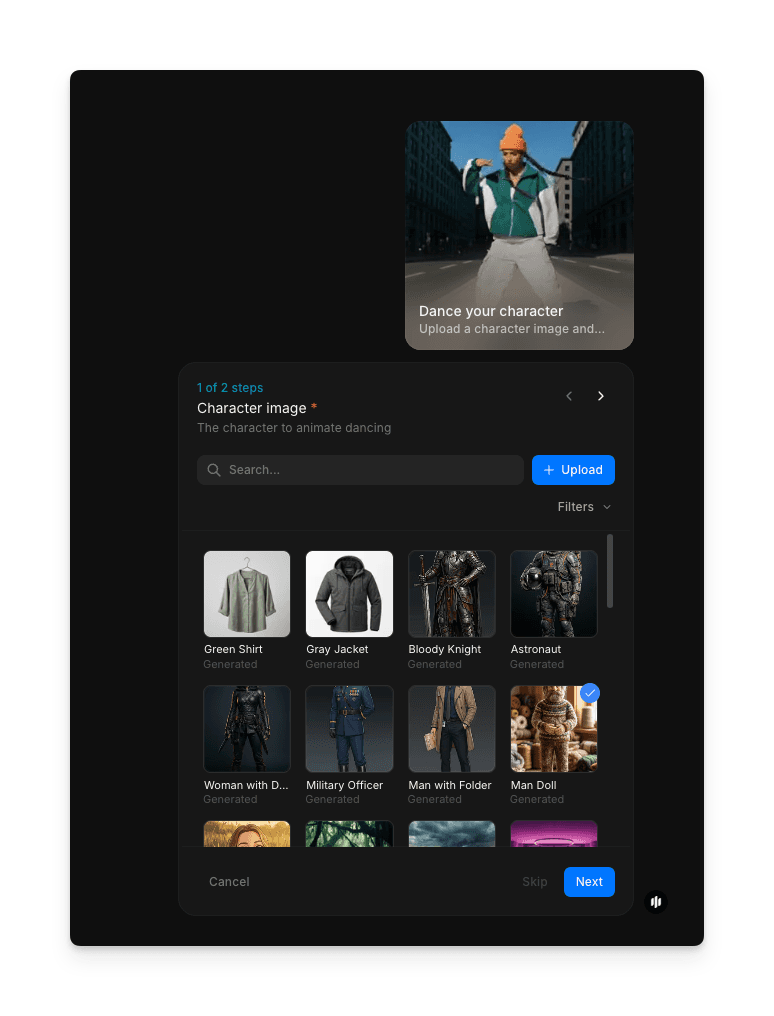 Morphic 舞蹈动画工作流，展示角色上传步骤及浏览和上传选项