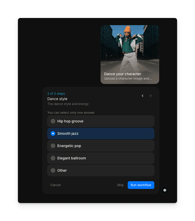 Morphic 舞蹈动画工作流，展示舞蹈风格和音乐选择选项
