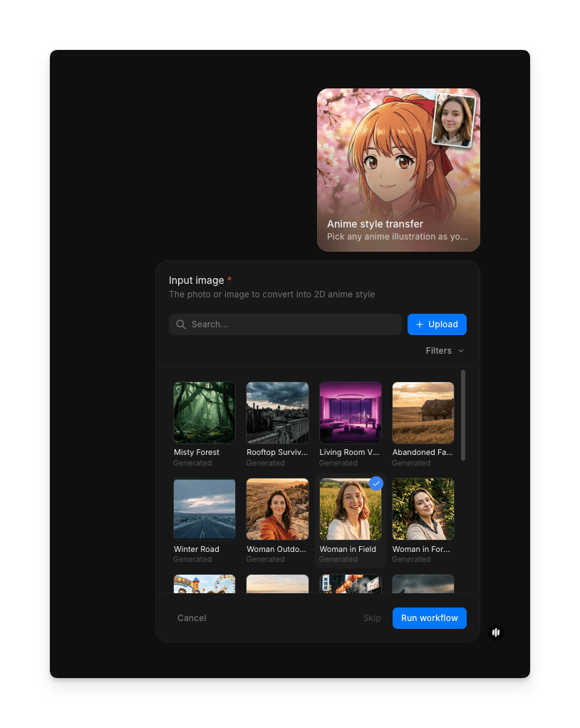 Morphic动漫风格迁移工作流展示图片上传步骤及浏览和搜索选项