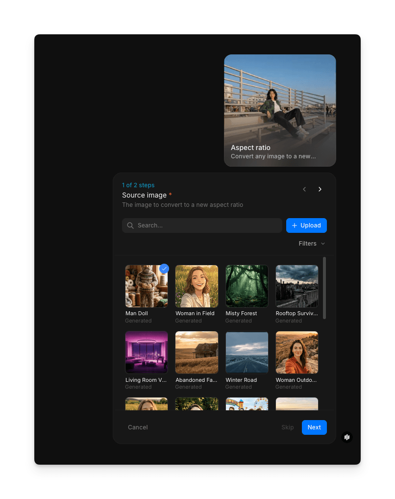 Morphic 源图像上传界面，显示可供选择的示例图像网格