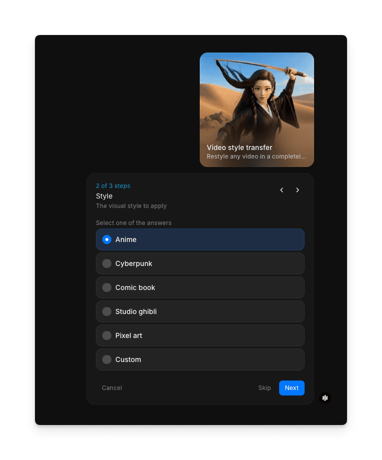 风格选择界面，包含动漫、赛博朋克、漫画书、吉卜力风、像素艺术和自定义选项