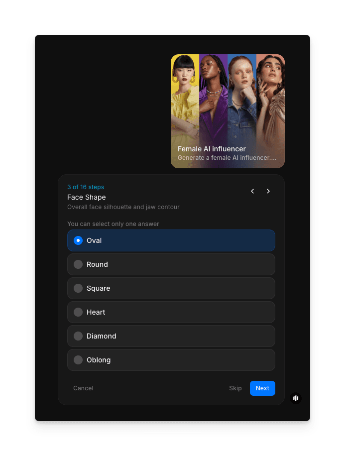 Morphic AI 인플루언서 워크플로우의 얼굴 형태 선택 옵션