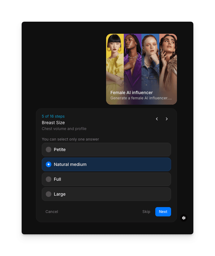 Morphic AI 인플루언서 워크플로우의 체형 비율 커스터마이즈 슬라이더