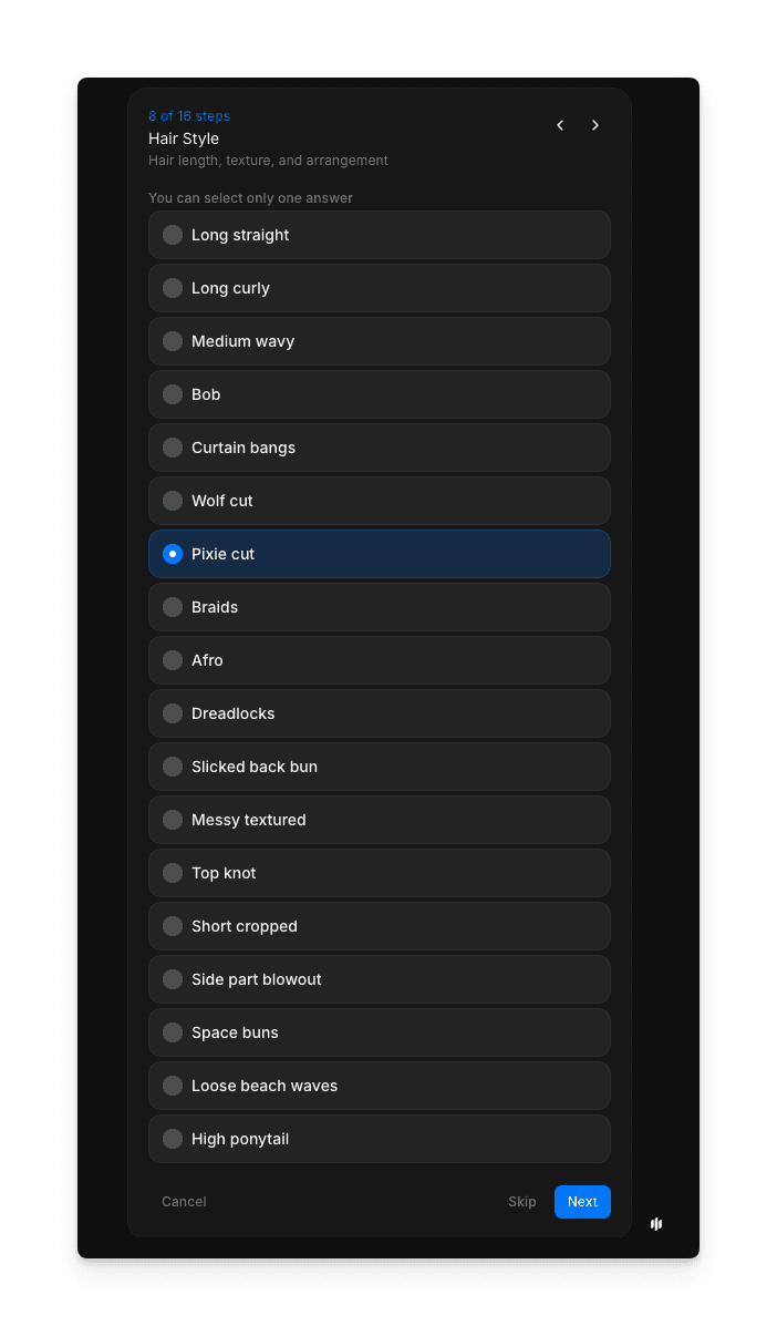 Morphic AI 인플루언서 워크플로우의 헤어 스타일 및 컬러 선택
