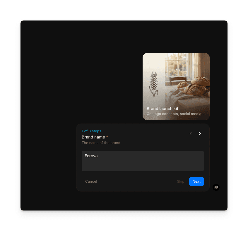 Brand name input field in the Morphic brand launch kit workflow
