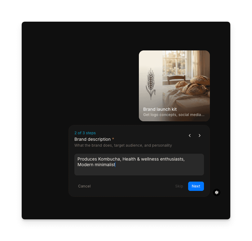 Brand description field with details about the brand's product, audience, and style