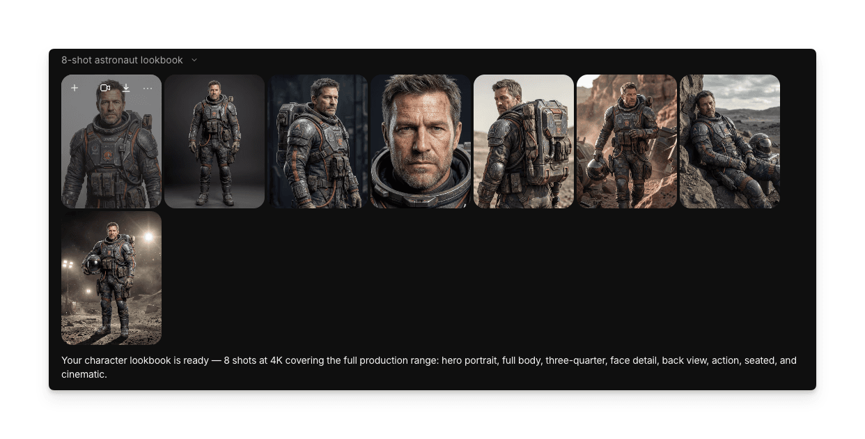 일관된 캐릭터 아이덴티티로 여러 스타일의 의상 변형을 보여주는 최종 캐릭터 룩북