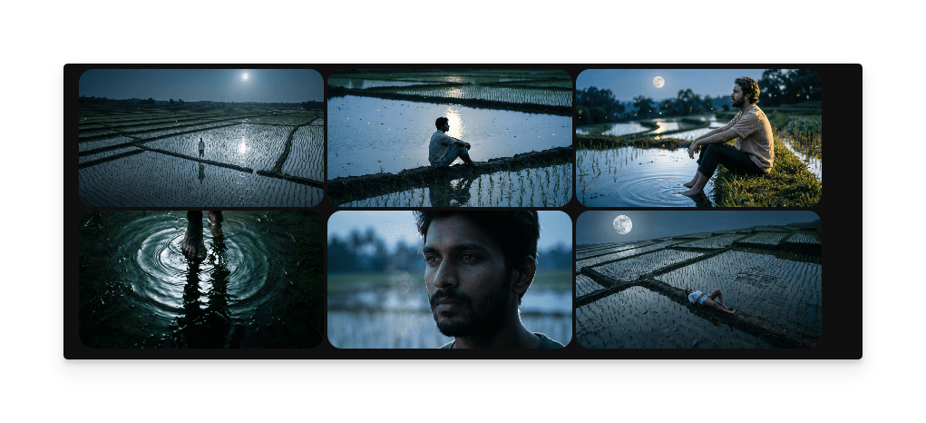 ショットアングル、キャラクター配置、ムードを備えた連続パネルを表示する最終シネマティックストーリーボード