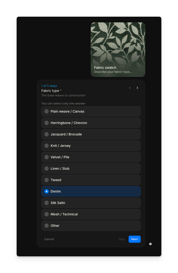 Fabric type selection in the Morphic fabric swatch workflow