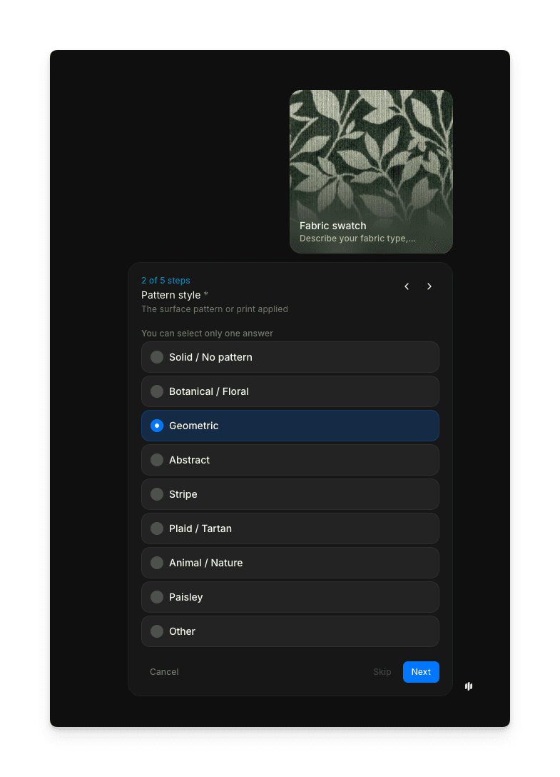 Pattern selection options in the Morphic fabric swatch workflow