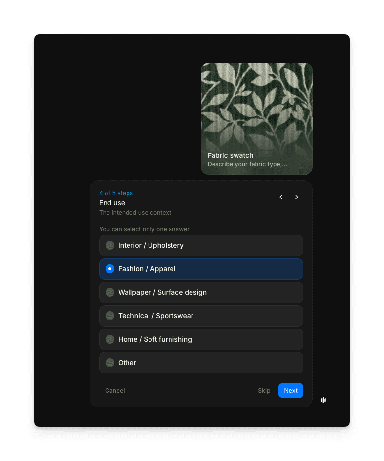 Presentation style options in the Morphic fabric swatch workflow