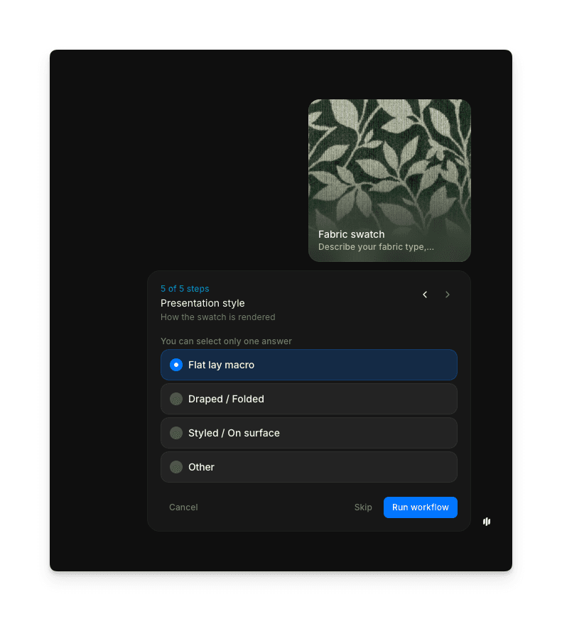 Run workflow button in the Morphic fabric swatch workflow