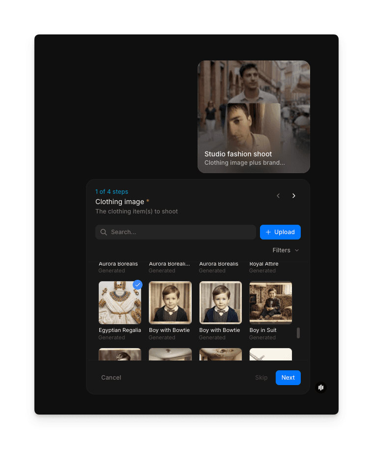 Upload interface for clothing image and brand reference in the Morphic studio fashion shoot workflow