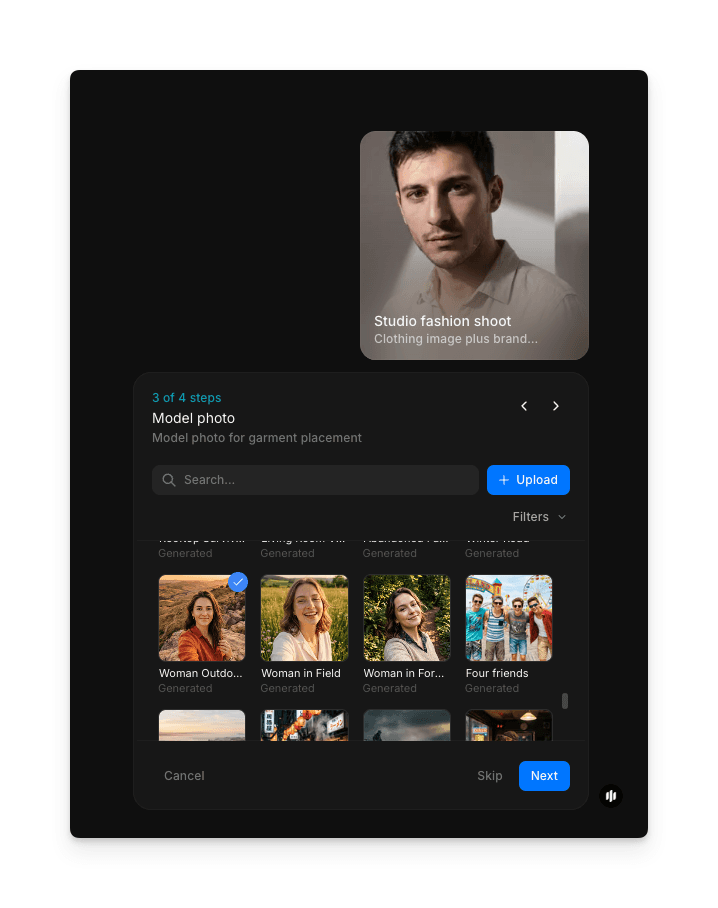 Initial generated fashion editorial photo showing the clothing item styled with professional lighting