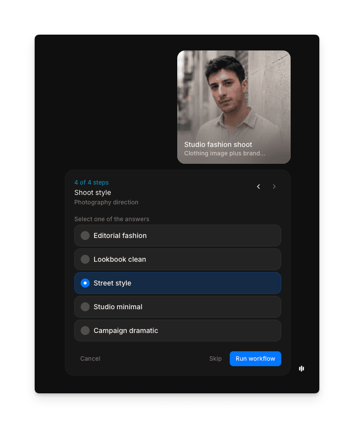 Shoot style selection screen with editorial fashion, lookbook clean, street style, studio minimal, and campaign dramatic options