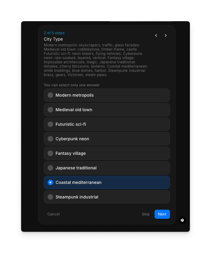 Morphic 워크플로우에서 사용 가능한 도시 환경을 보여주는 도시 유형 선택
