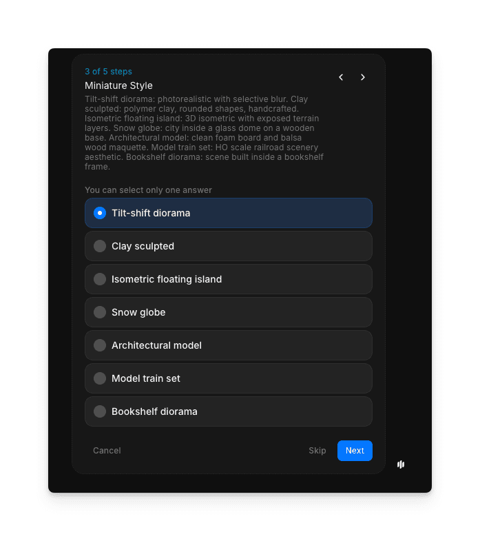 Morphic 워크플로우의 틸트 시프트, 클레이, 아이소메트릭, 스노우 글로브, 디오라마를 포함한 미니어처 스타일 옵션