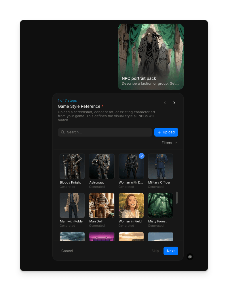 템플릿 브라우저를 보여주는 Morphic NPC 초상화 팩 워크플로우