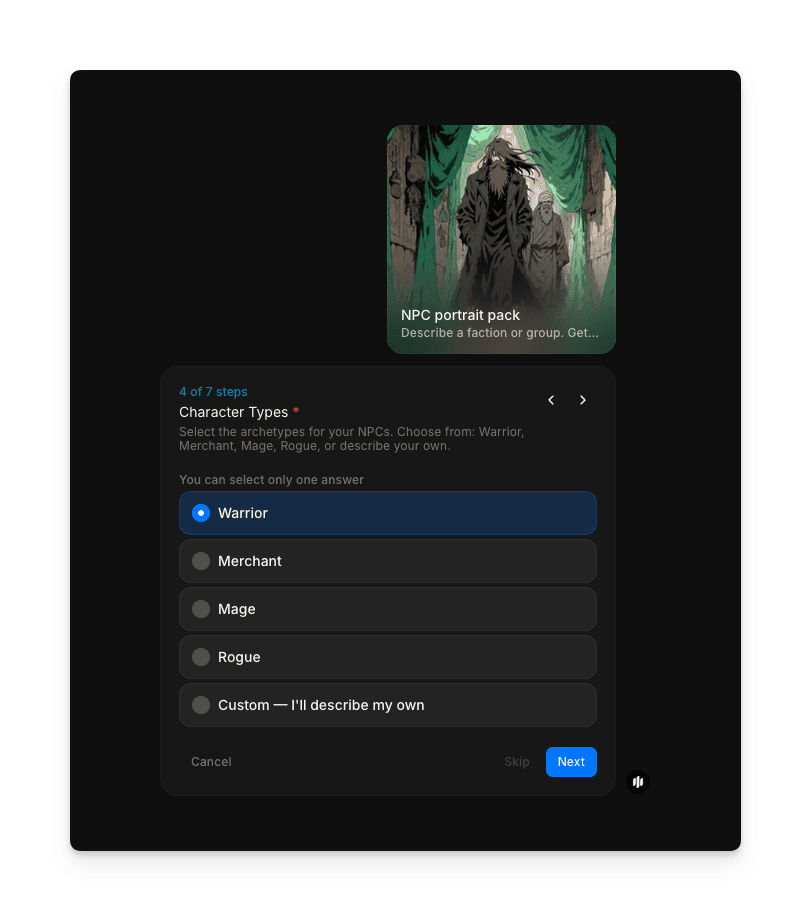Morphic NPC 초상화 팩 워크플로우의 세력 설명 입력 필드