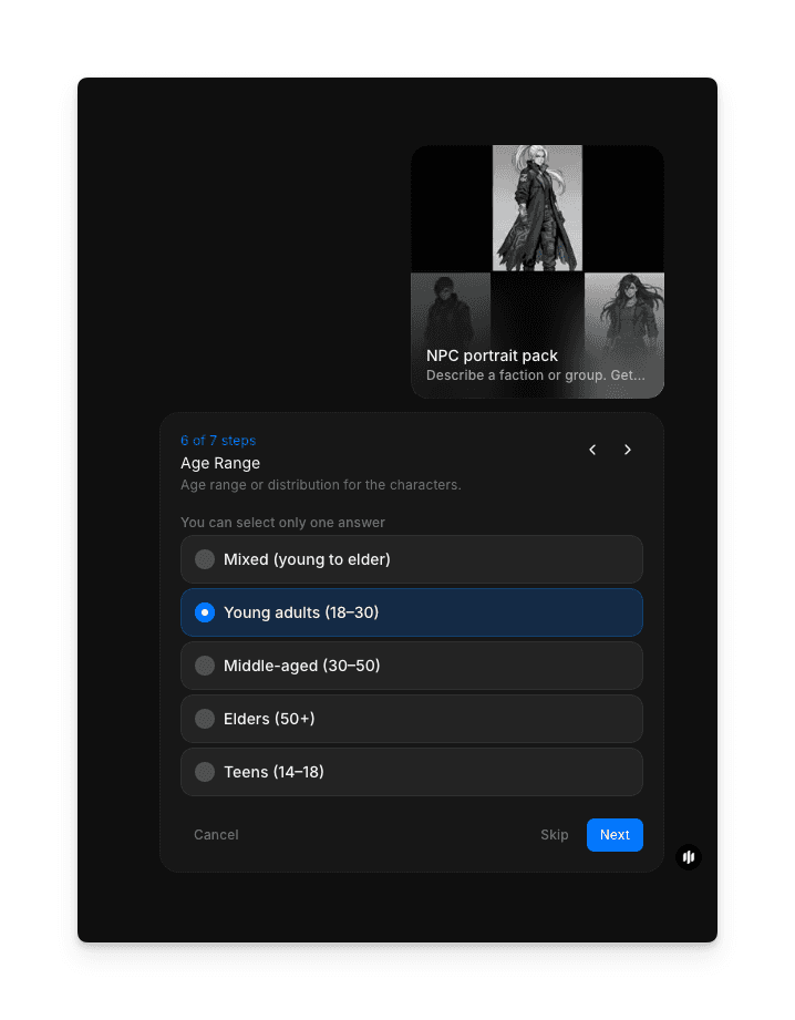 Morphic NPC 초상화 팩 워크플로우의 연령대 설정