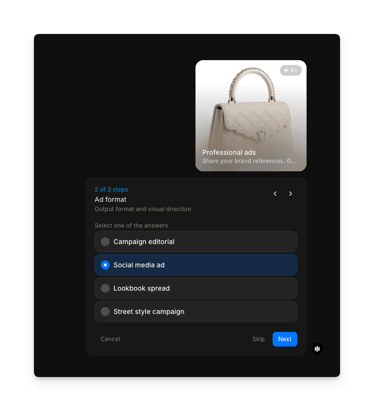 캠페인 에디토리얼, 소셜 미디어 광고, 룩북 스프레드, 스트리트 스타일 캠페인 옵션을 보여주는 광고 형식 선택 화면