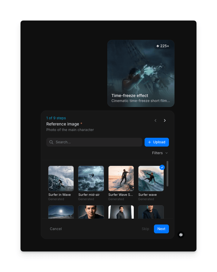 Morphic 时间冻结特效工作流首图，展示包含冲浪者和空中姿势的参考图像画廊