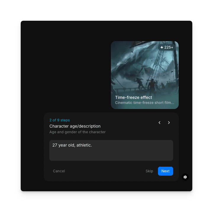 时间冻结特效工作流第 2 步，展示填有 27 year old, athletic 的角色年龄和描述字段