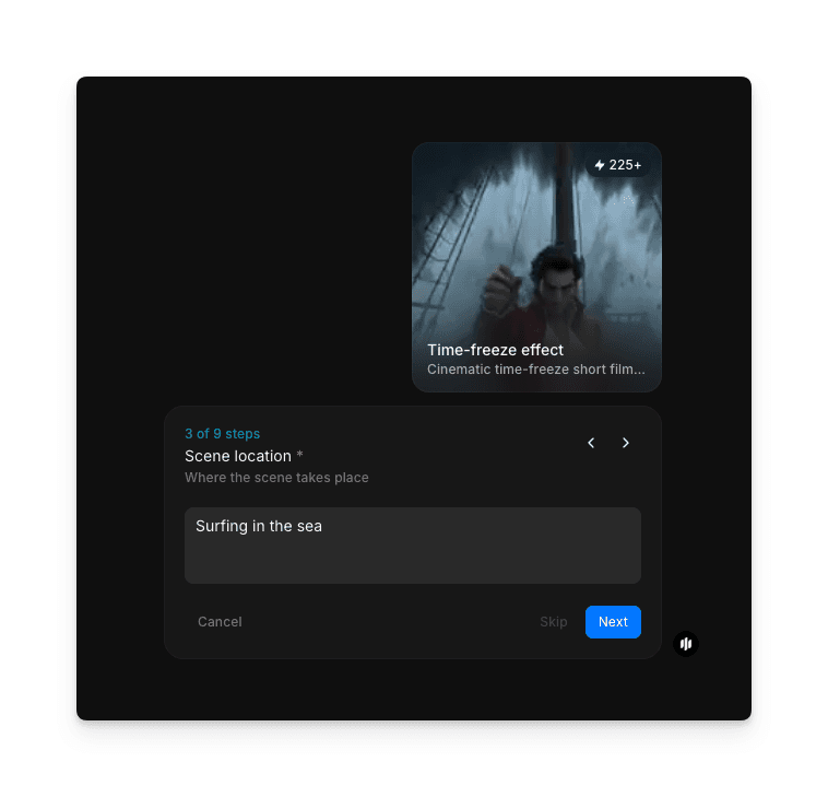 时间冻结特效工作流第 3 步，展示带有 Surfing in the sea 提示的场景位置字段