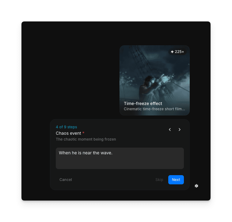 时间冻结特效工作流第 4 步，展示带有 When he is near the wave 提示的混乱事件字段