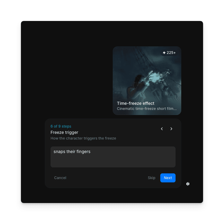 时间冻结特效工作流第 6 步，展示带有 snaps their fingers 提示的冻结触发器字段