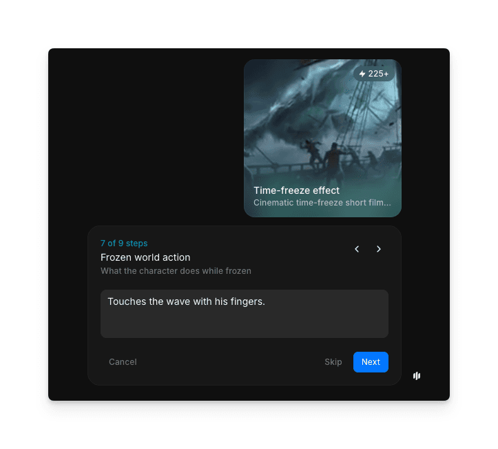 时间冻结特效工作流第 7 步，展示带有 Touches the wave with his fingers 提示的冻结世界动作字段