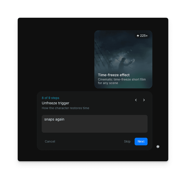 时间冻结特效工作流第 8 步，展示带有 snaps again 提示的解冻触发器字段