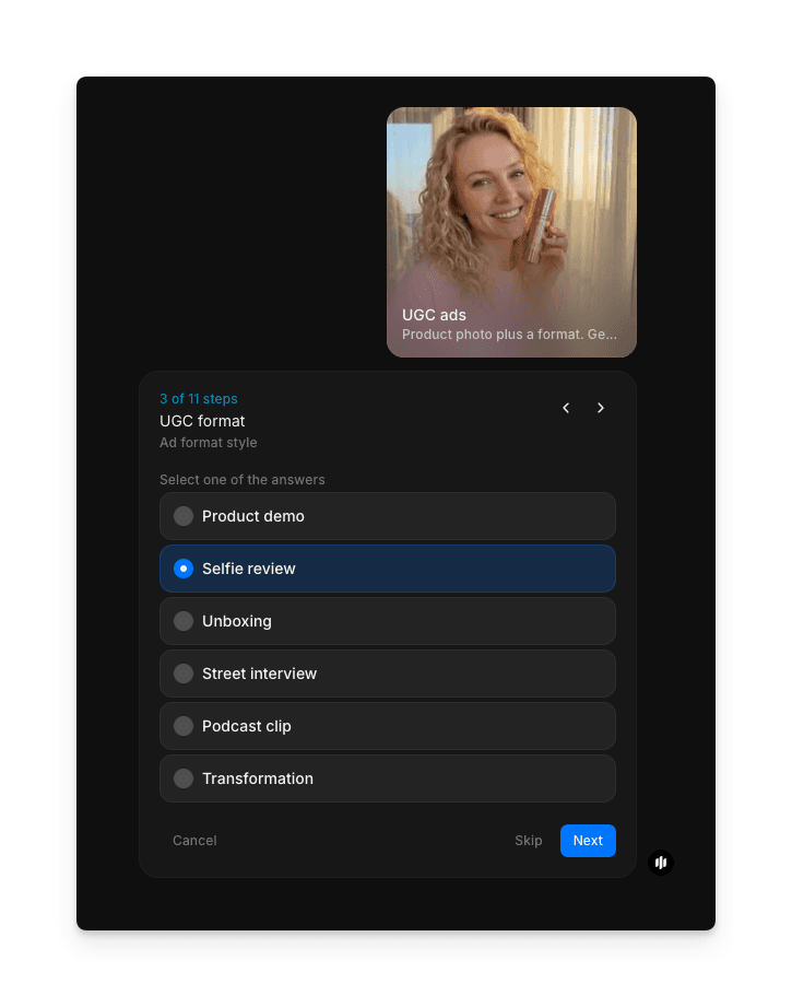 UGC format selection screen with product demo, selfie review, unboxing, and other options
