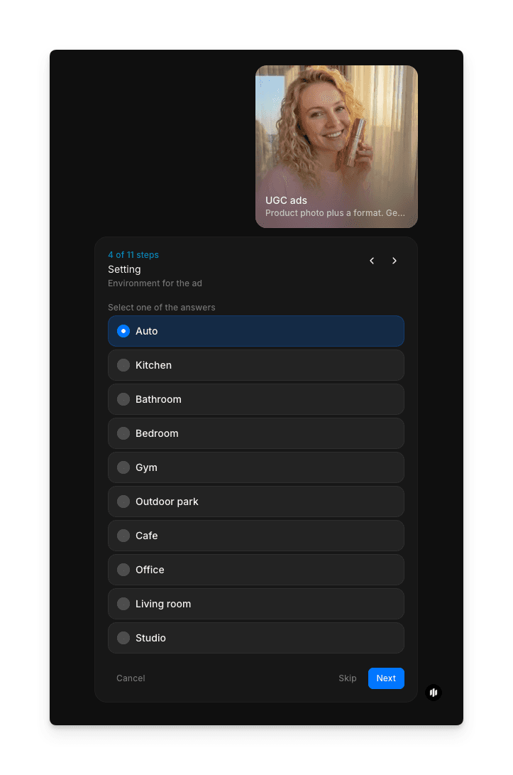 Setting selection screen with kitchen, bathroom, bedroom, gym, outdoor, cafe, and office options