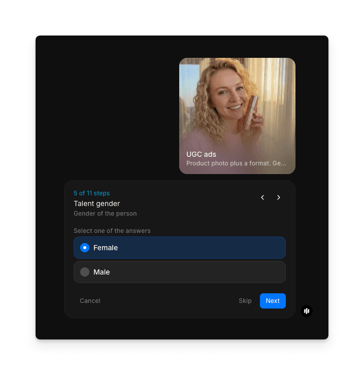Talent gender selection screen in Morphic UGC ad workflow