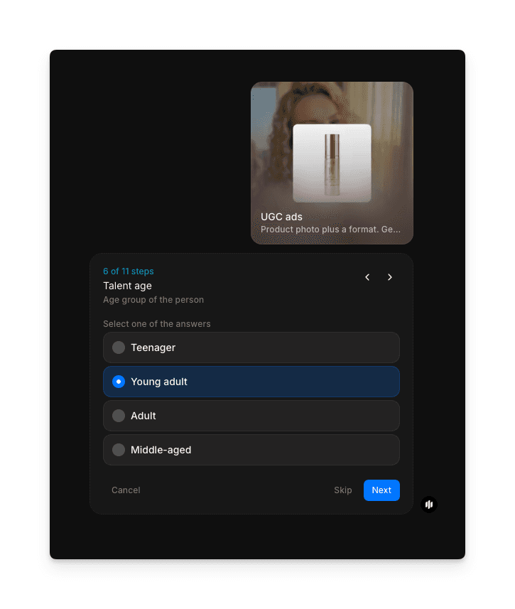Talent age group selection screen with teenager, young adult, adult, and middle-aged options