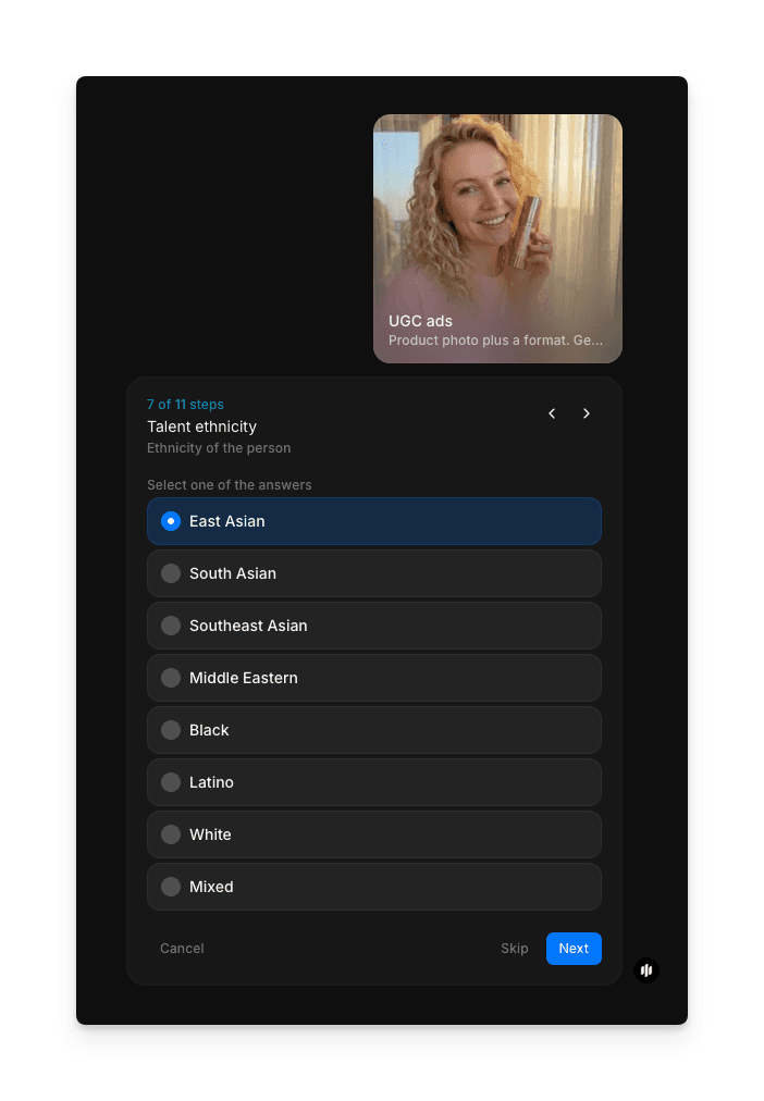 Talent ethnicity selection screen in Morphic UGC ad workflow