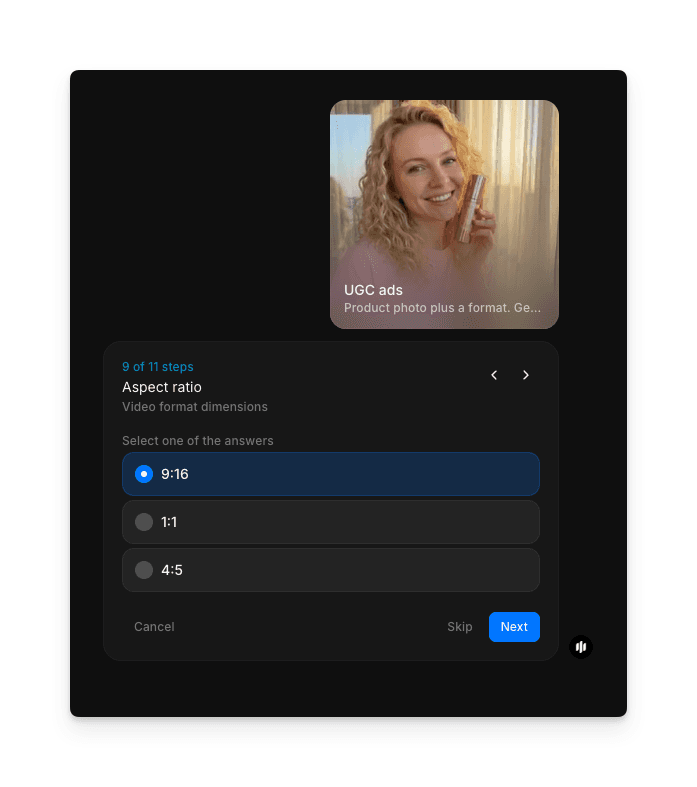 Aspect ratio selection screen with 9:16, 1:1, and 4:3 options