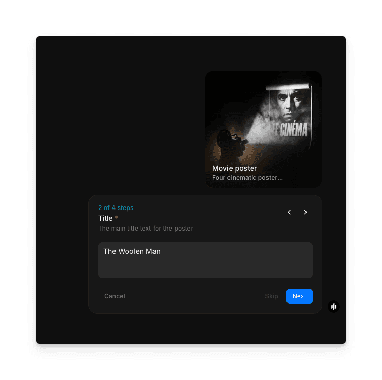 Morphic movie poster workflow showing the title input field