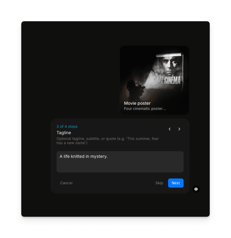 Morphic movie poster workflow showing tagline input and genre selection options