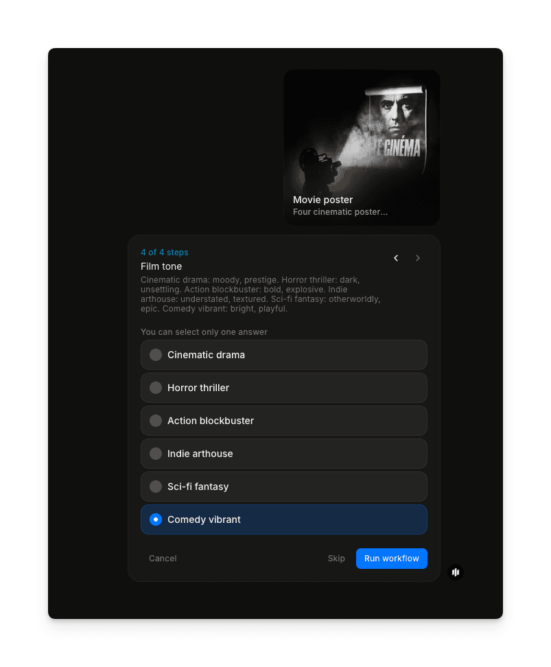 Morphic movie poster workflow showing image upload and generate button