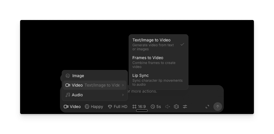 Morphic prompt bar with the Video category expanded, showing Text/Image to Video, Frames to Video, and Lip Sync options