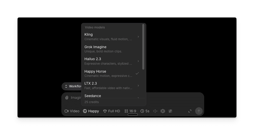 Morphic video model picker with Happy Horse selected from a list that includes Kling, Grok Imagine, Hailuo 2.3, LTX 2.3, and Seedance