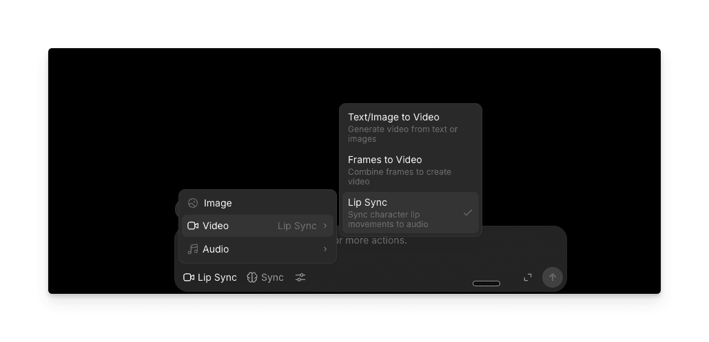 Morphic prompt bar mode menu showing Image, Video, and Audio options with Video expanded to reveal Text/Image to Video, Frames to Video, and Lip Sync