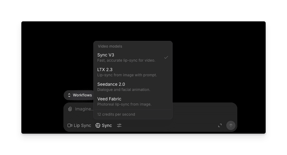 Morphic Video models picker showing Sync V3, LTX 2.3, Seedance 2.0, and Veed Fabric with Sync V3 selected