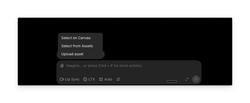 Morphic prompt bar attachment menu showing Select on Canvas, Select from Assets, and Upload asset options