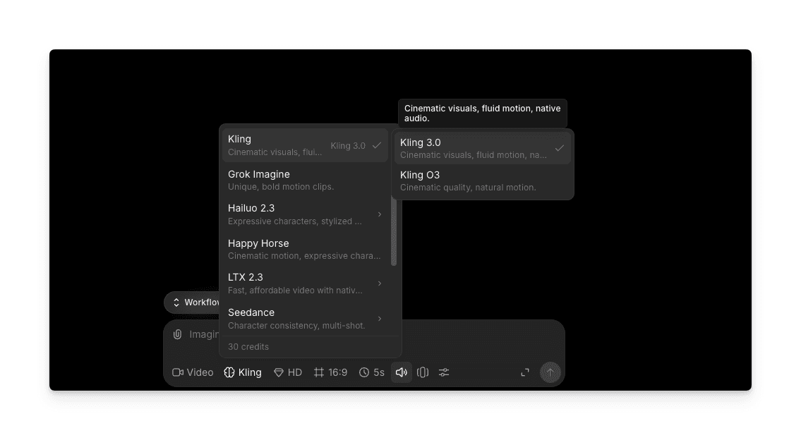 Morphic 모델 드롭다운에서 Kling 3.0 또는 Kling O3 선택
