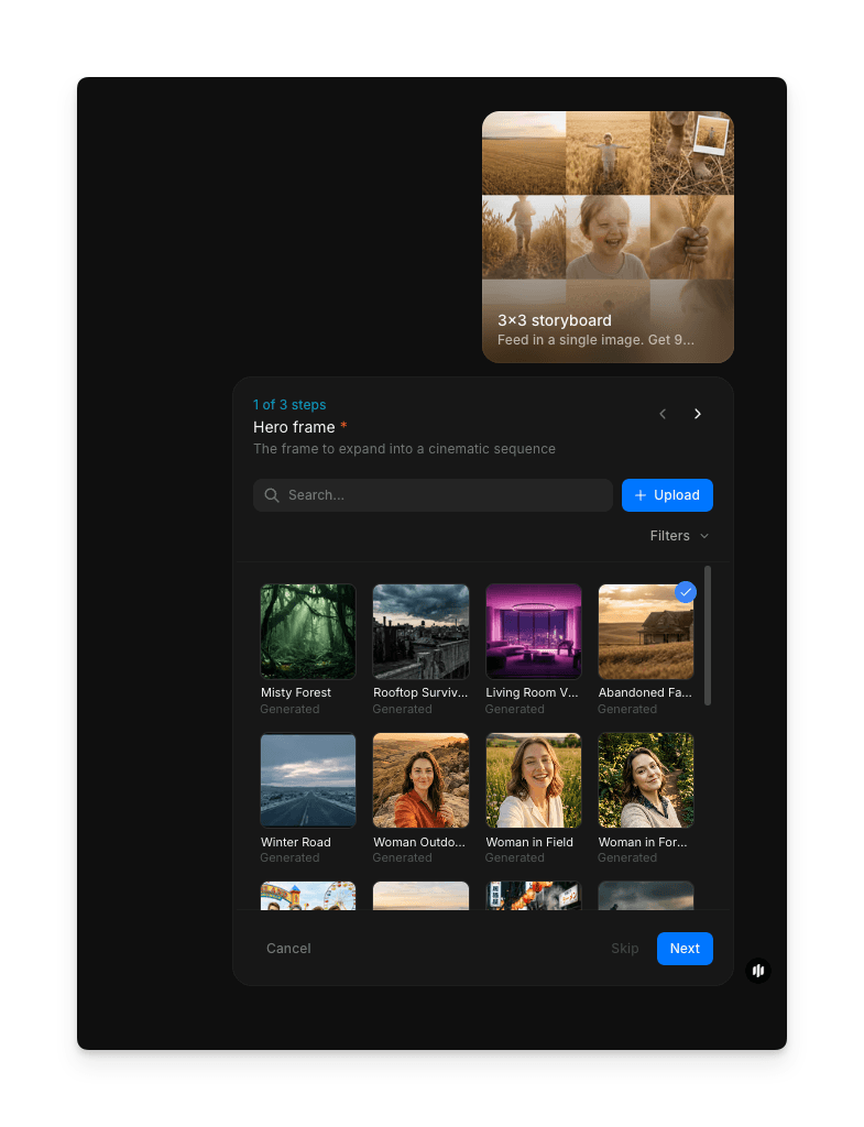 Morphic workflow library showing the 3x3 storyboard template card among other available workflows