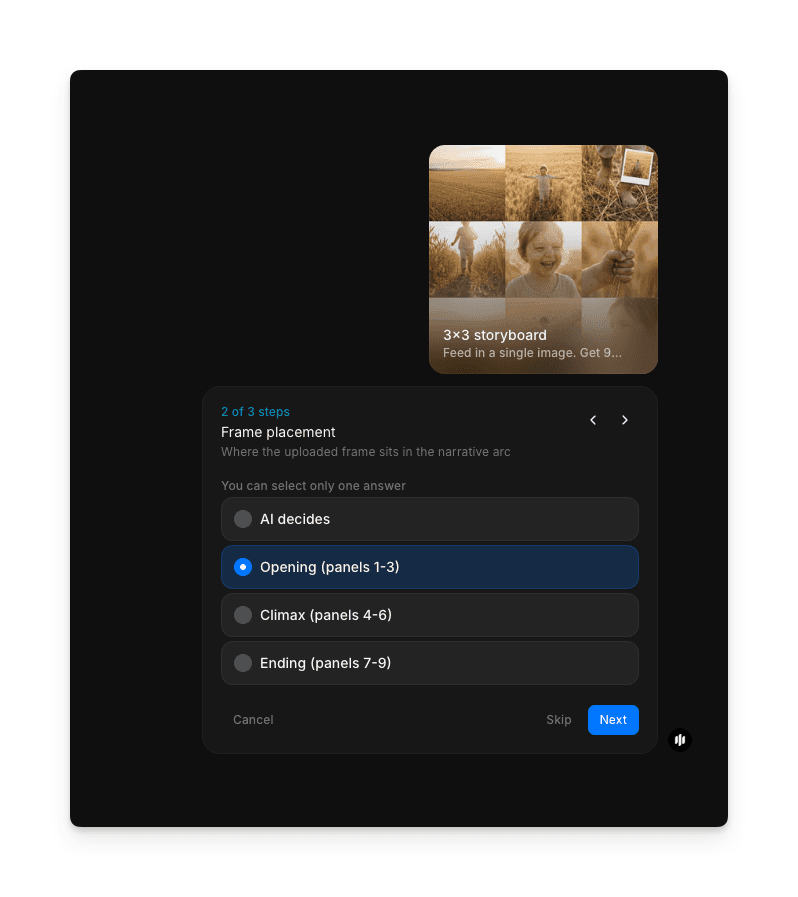 Frame placement options showing AI decides, Opening, Climax, and Ending selections