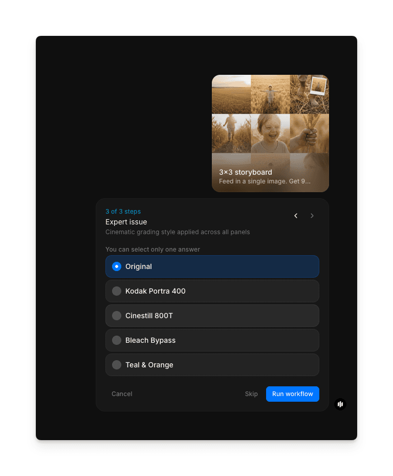 Cinematic grading style options including Original, Kodak Portra 400, Cinestill 800T, Bleach Bypass, and Teal and Orange